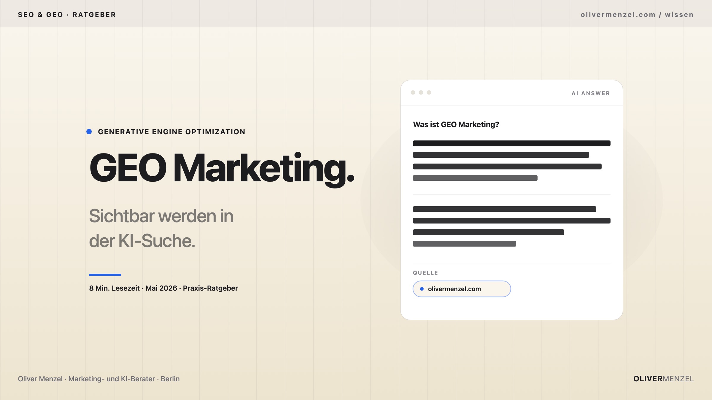 GEO Marketing, sichtbar werden in der KI-Suche. Cover zum Ratgeber von Oliver Menzel.